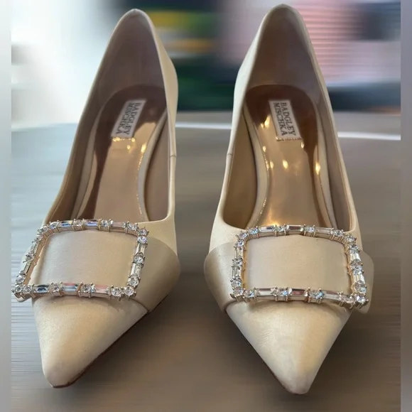 Badgley Mischka Devi Pointed Pump Cream Heels With Crystal Embellishment Size 10 - Picture 3 of 9